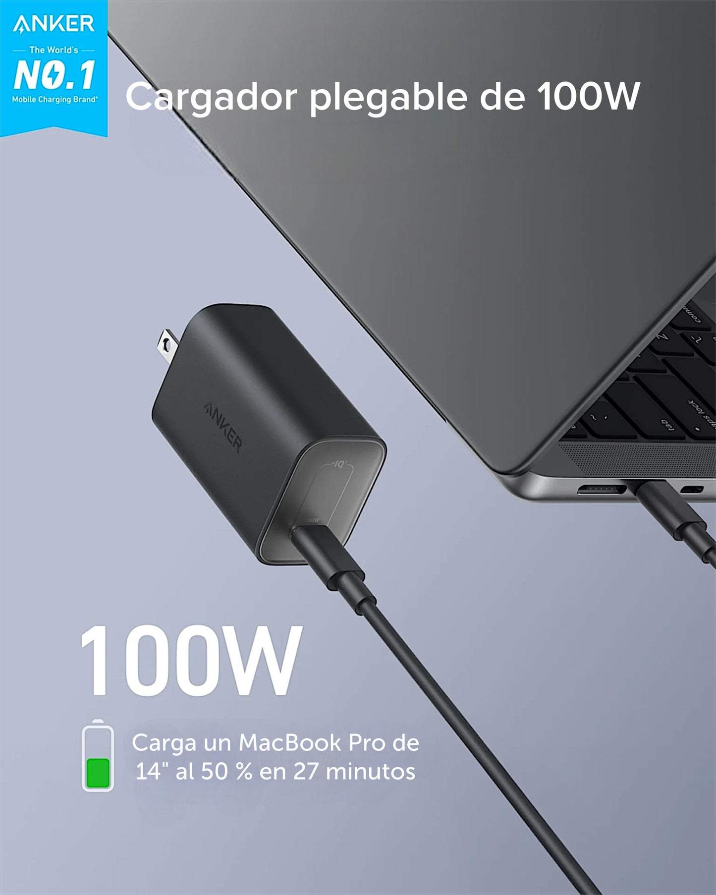 Cargador de pared Anker Nano USB-C 100W + Cable USB-C a USB-C 1.8M