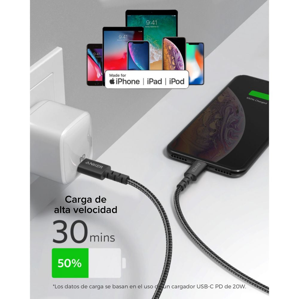 Cable Anker PowerLine Trenzado USB-C a Lightning 1.8M