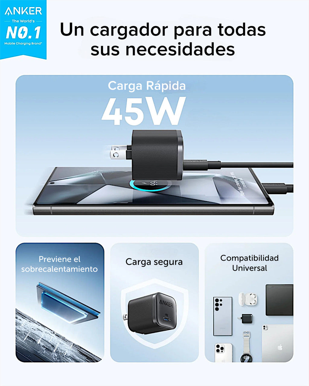 Cargador de pared Anker Nano USB-C 45W + Cable USB-C a USB-C 1.8M