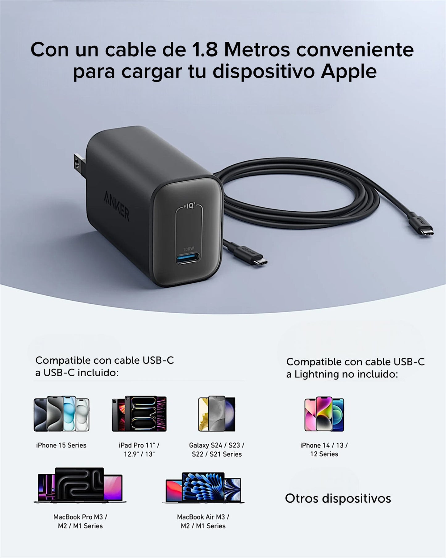 Cargador de pared Anker Nano USB-C 100W + Cable USB-C a USB-C 1.8M