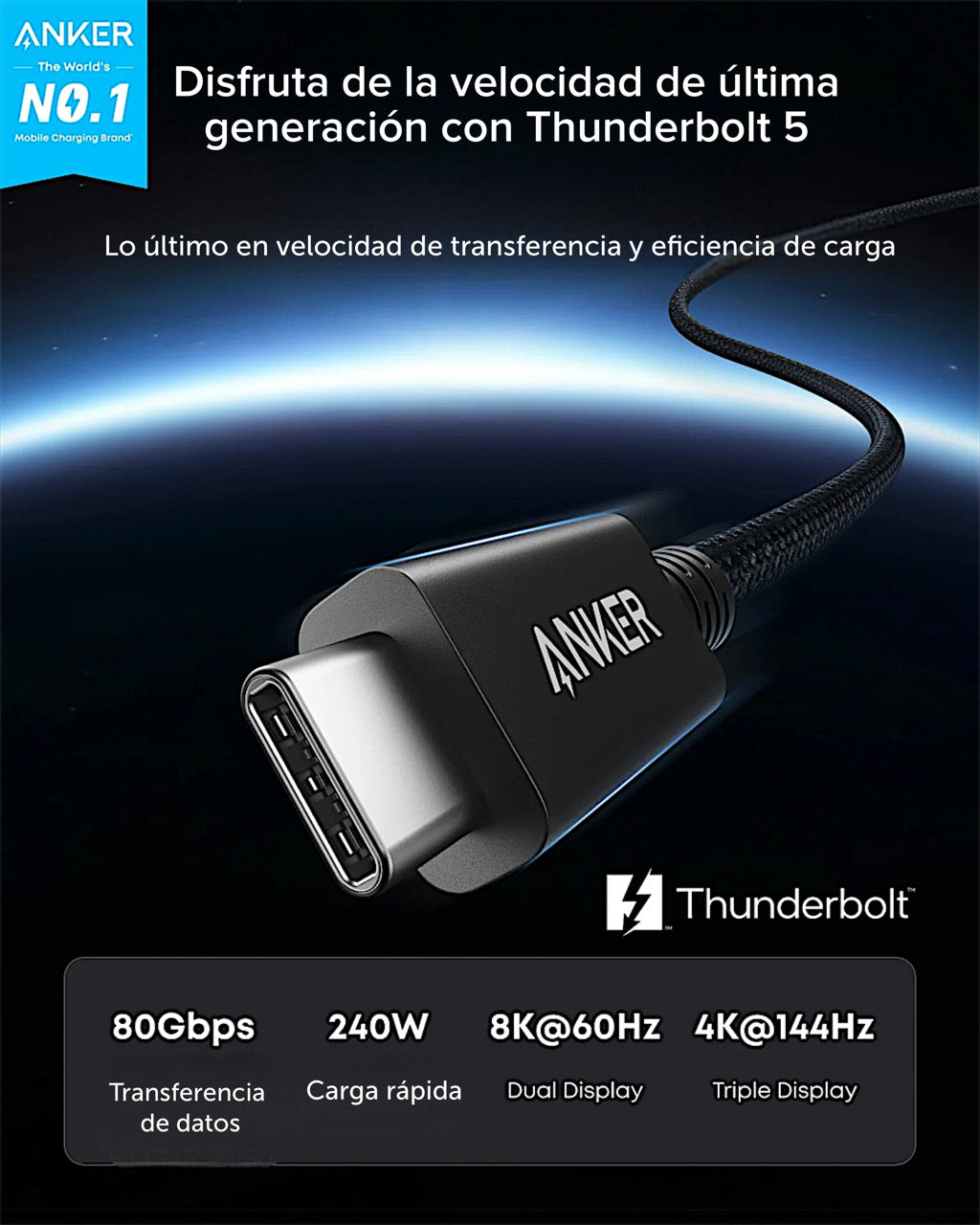 Cable Anker Thunderbolt 5 1M (80 Gbps, 240 W)