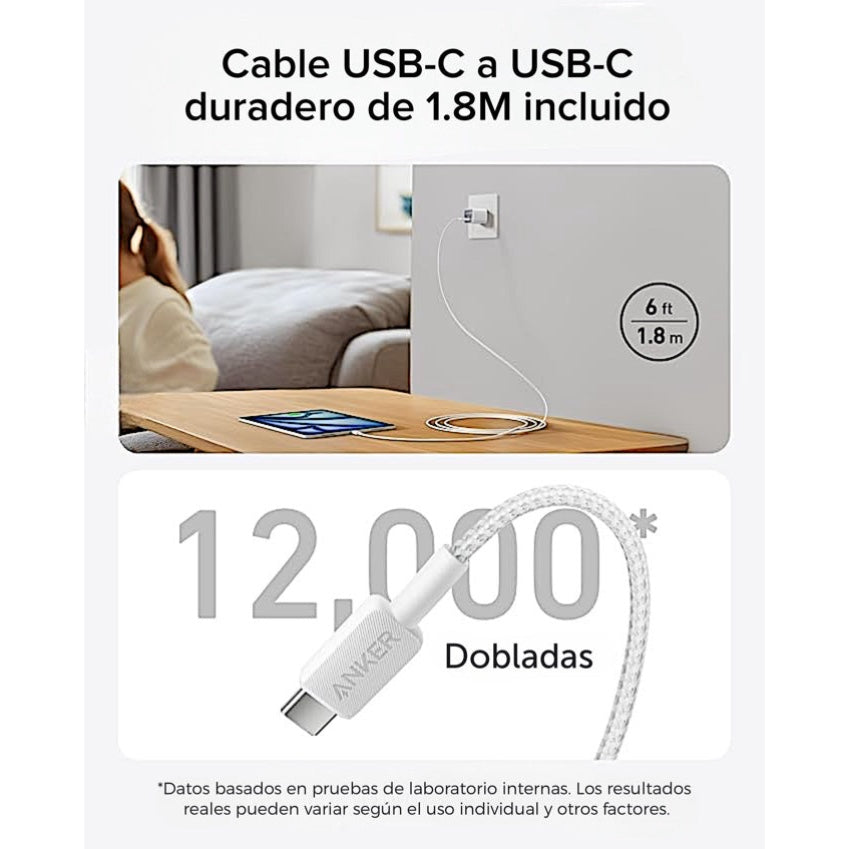 Cargador de pared Anker Nano 20W + Cable USB-C a USB-C 1.8 Metros