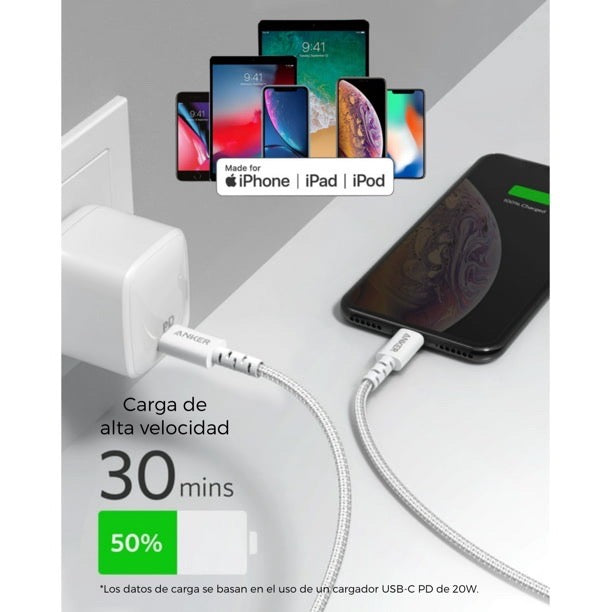 Cable Anker PowerLine Trenzado USB-C a Lightning 1.8M