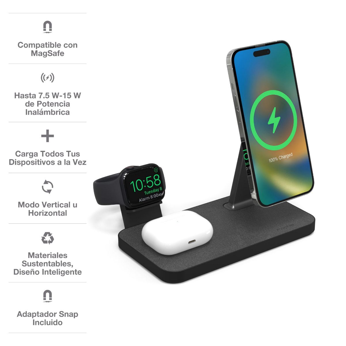 Cargador inalámbrico Mophie Snap+ 3 en 1 con MagSafe