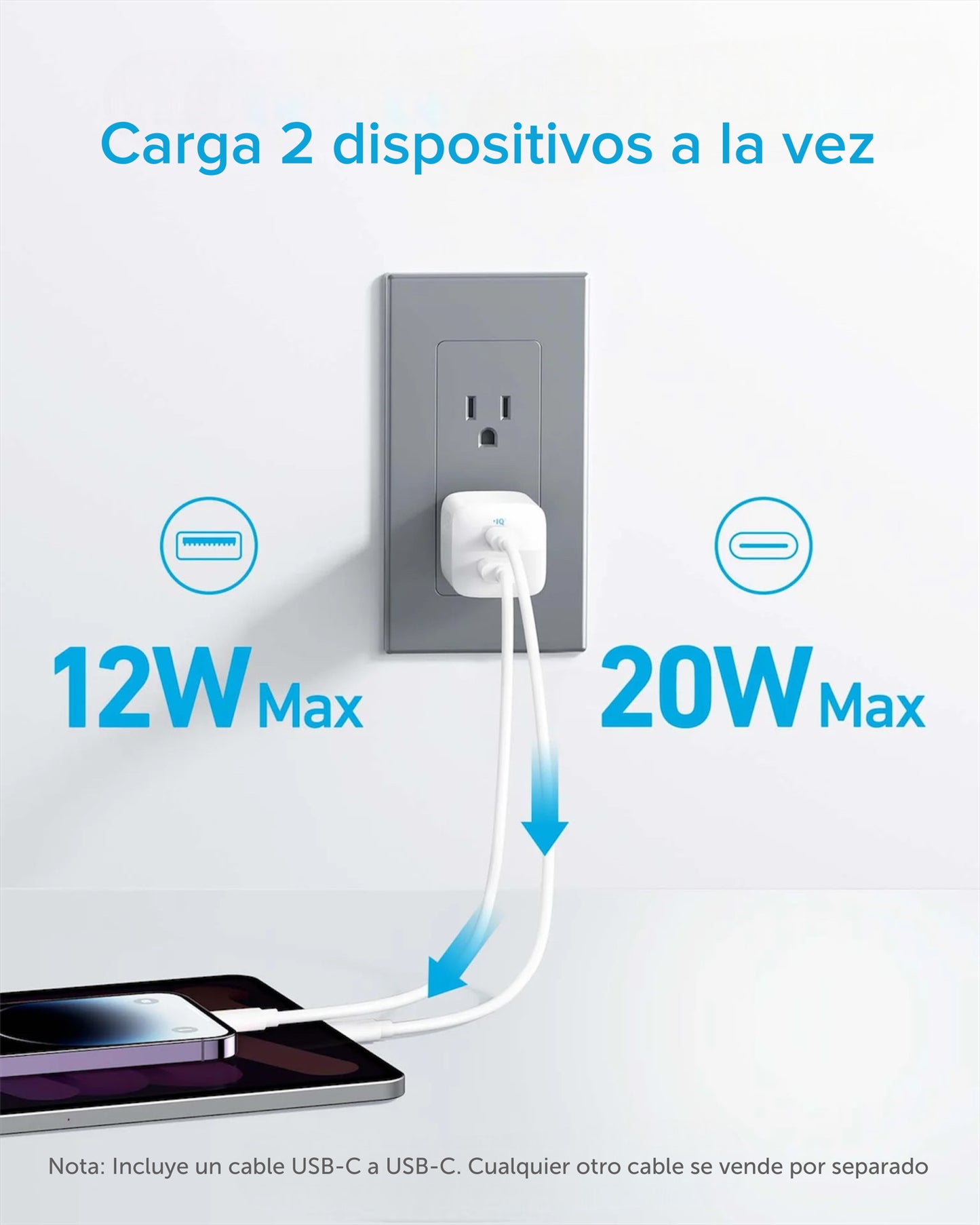 Cargador de Pared Anker de 2 Puertos 32W con Cable USB-C a USB-C de 1.8 Metros