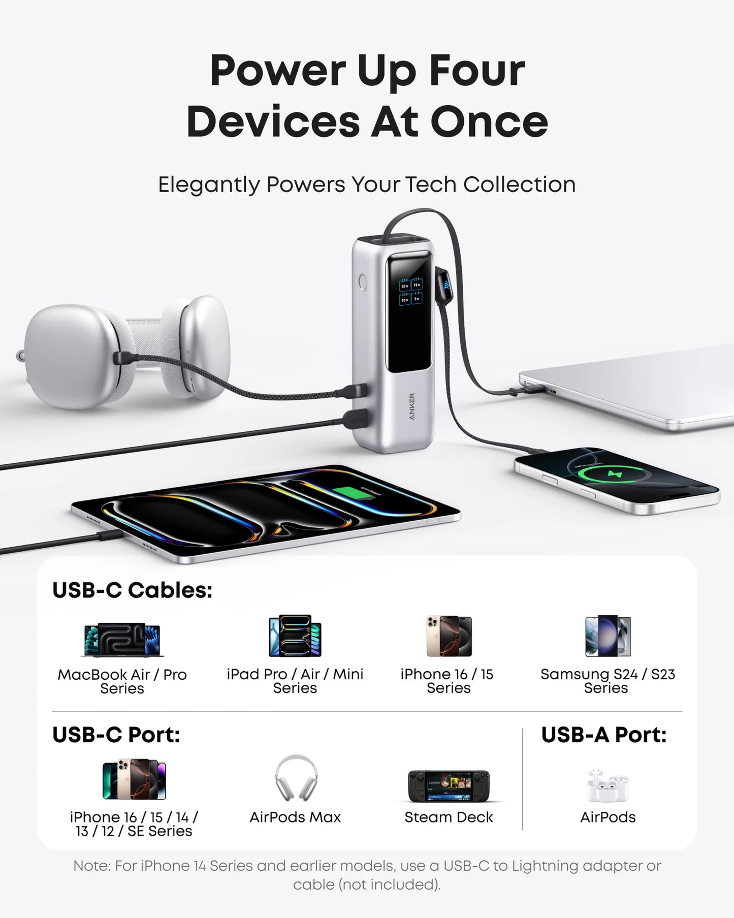 Batería externa Anker 25K, 165W Cables incorporados y retráctiles