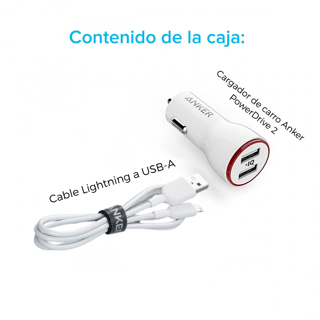 Cargador de carro Anker PowerDrive 2 USB-A + Cable Lightning a USB-A
